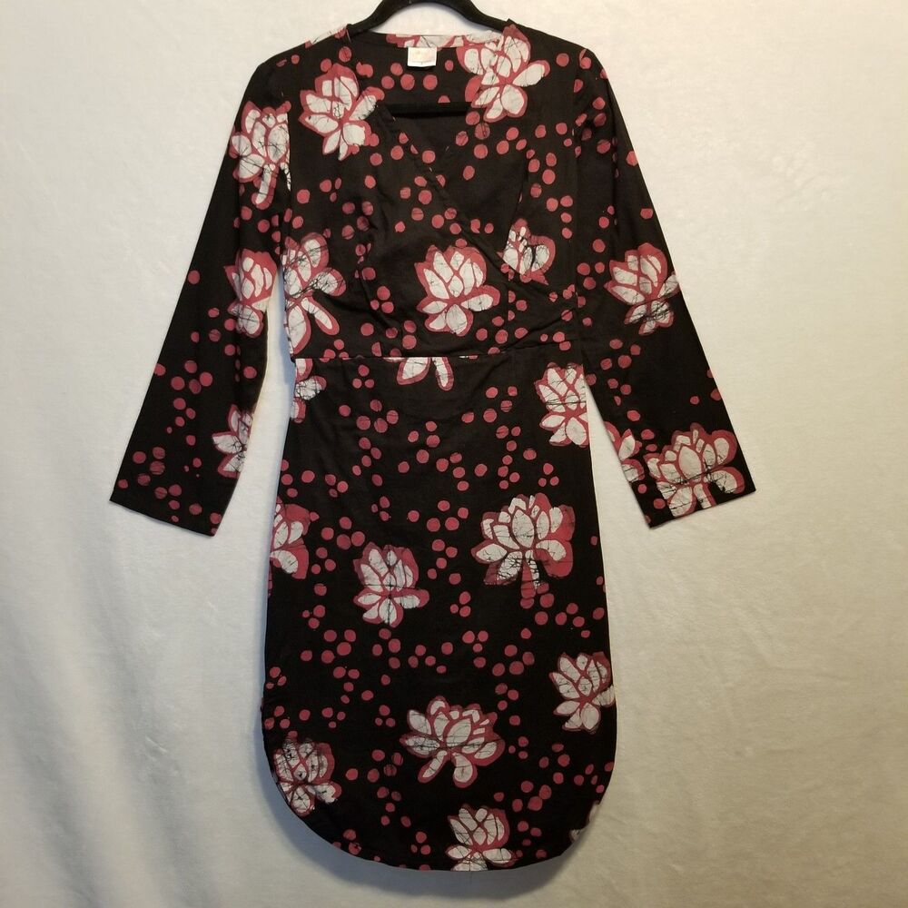 Global Mamas S Dress 100% Cotton Maroon Floral Faux Wrap Dark Cottagecore